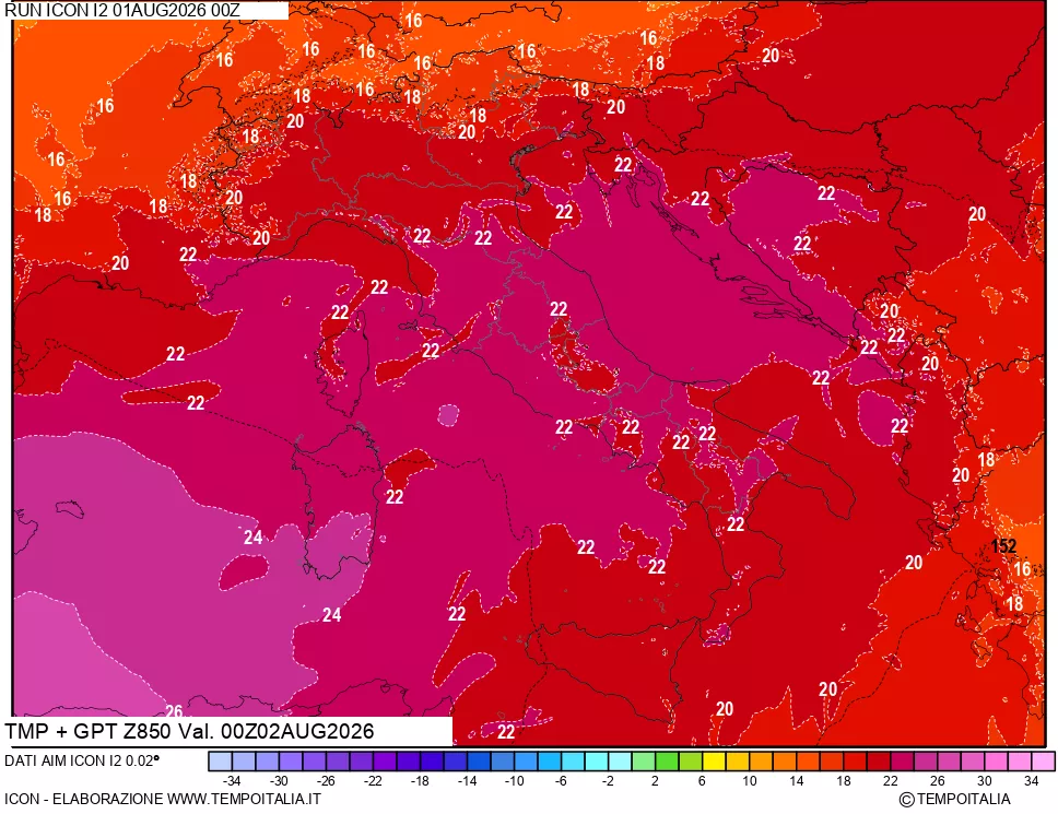 mappa 850 hPa Temp + GPT