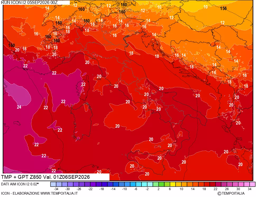 mappa 850 hPa Temp + GPT