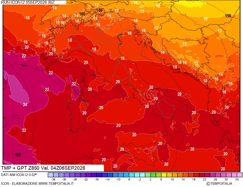 mappa 850 hPa Temp + GPT