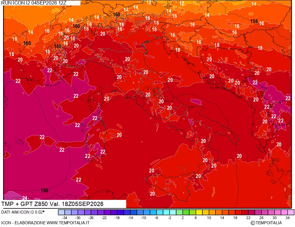 mappa 850 hPa Temp + GPT