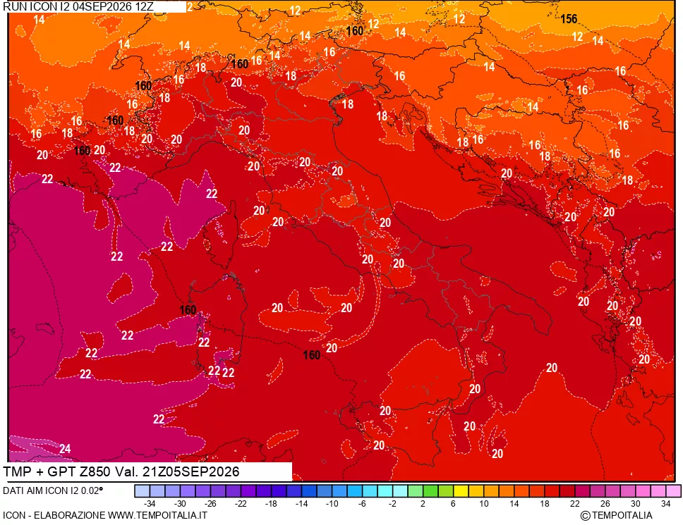 mappa 850 hPa Temp + GPT