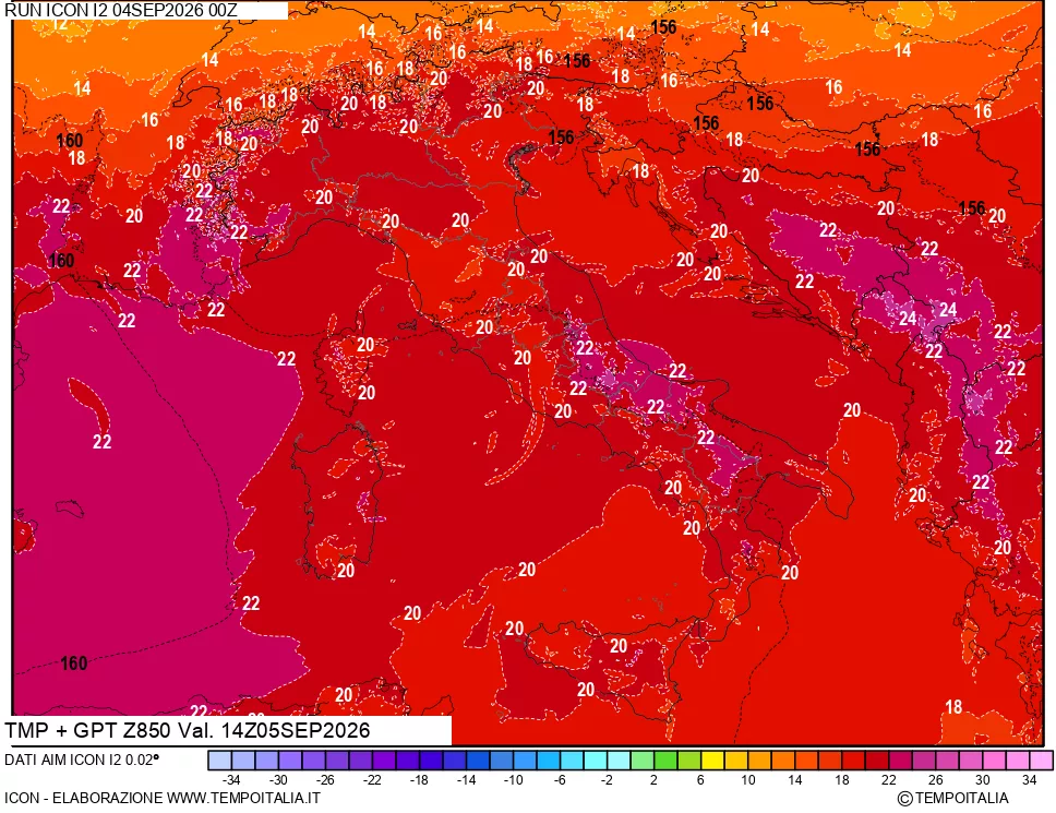 mappa 850 hPa Temp + GPT