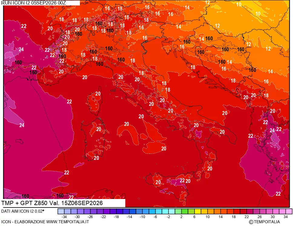 mappa 850 hPa Temp + GPT