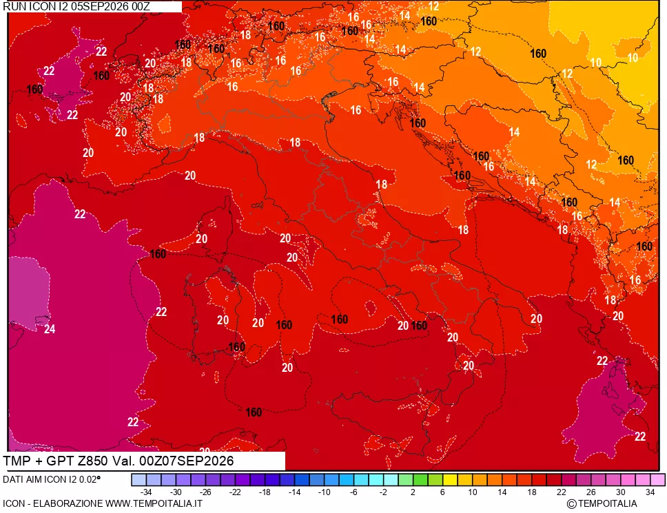mappa 850 hPa Temp + GPT