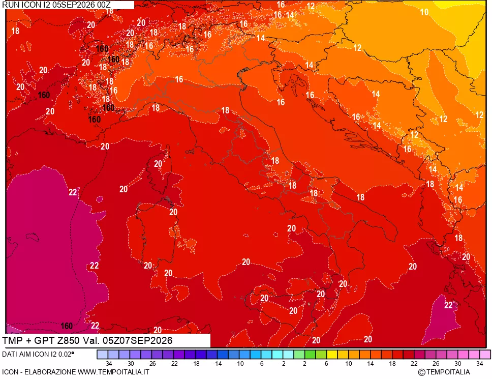 mappa 850 hPa Temp + GPT
