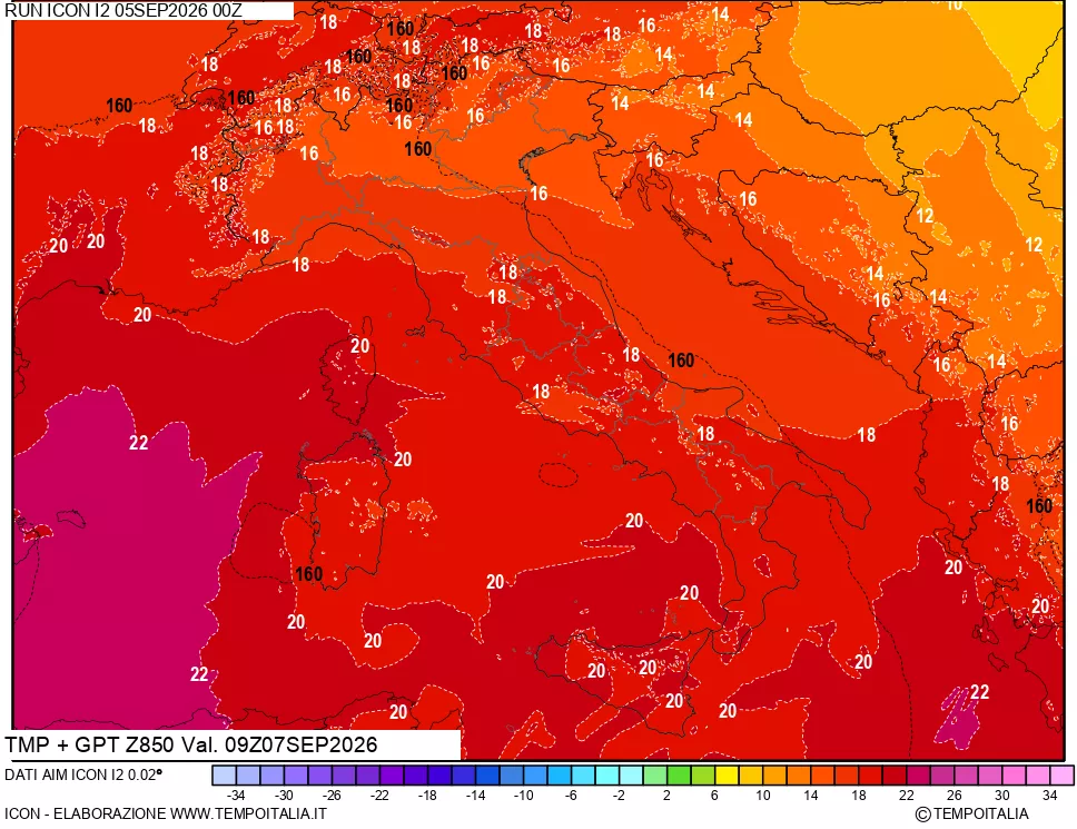 mappa 850 hPa Temp + GPT