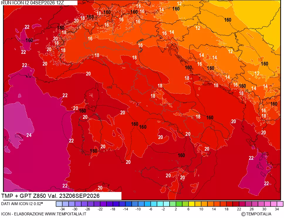 mappa 850 hPa Temp + GPT