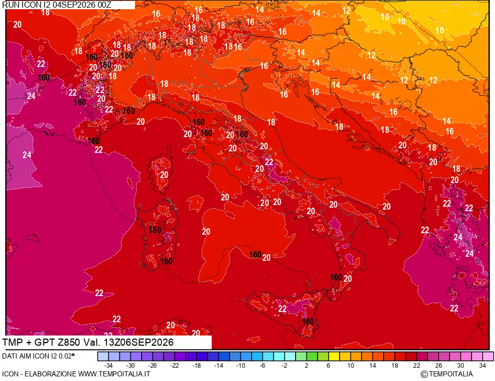 mappa 850 hPa Temp + GPT
