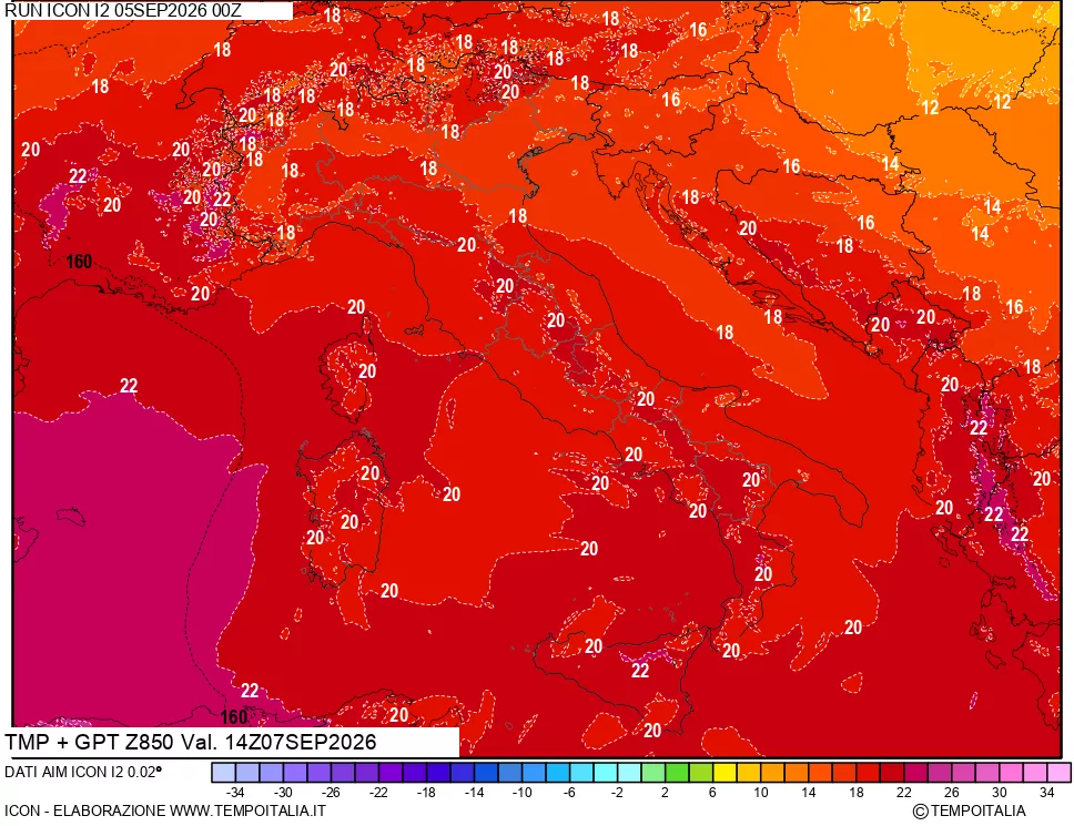 mappa 850 hPa Temp + GPT
