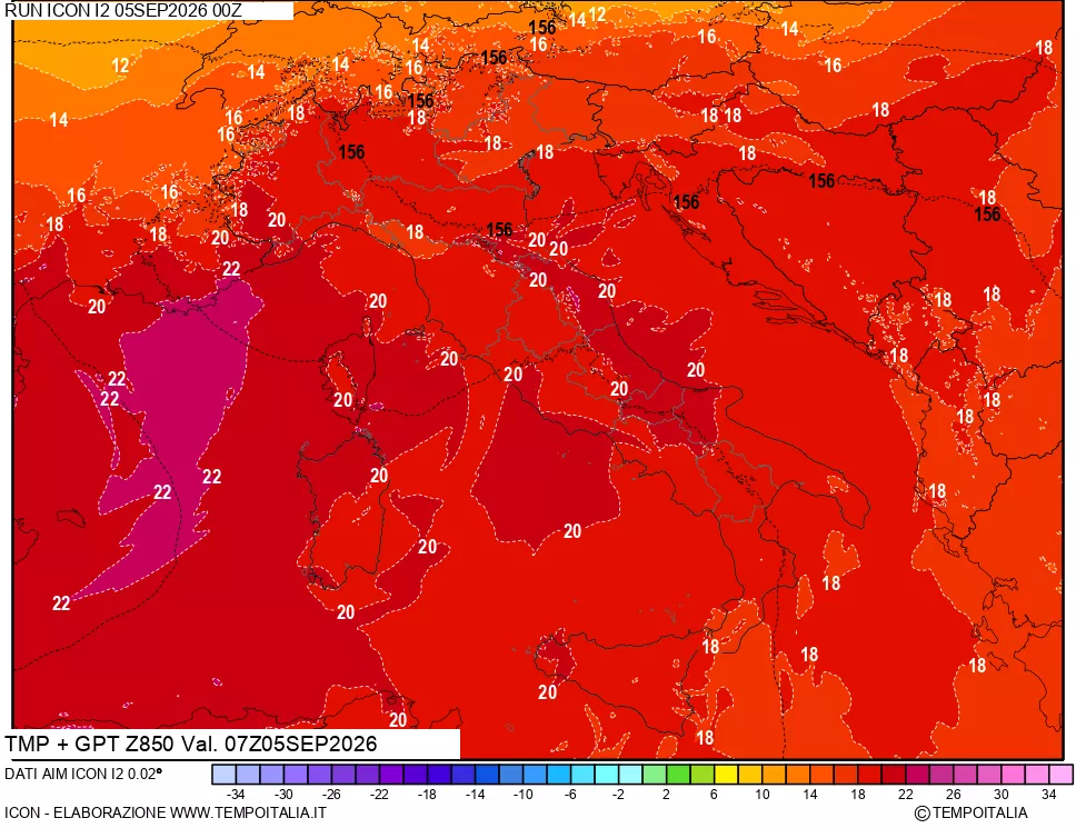 mappa 850 hPa Temp + GPT