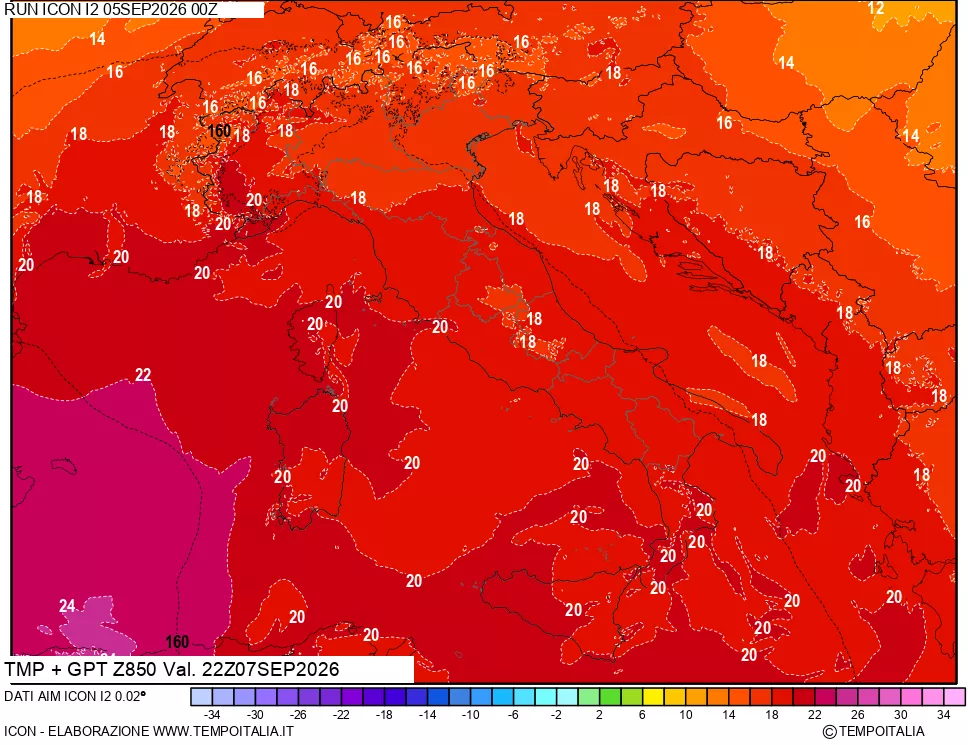 mappa 850 hPa Temp + GPT