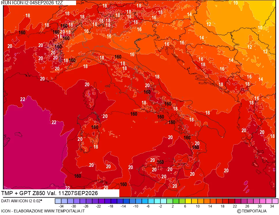 mappa 850 hPa Temp + GPT
