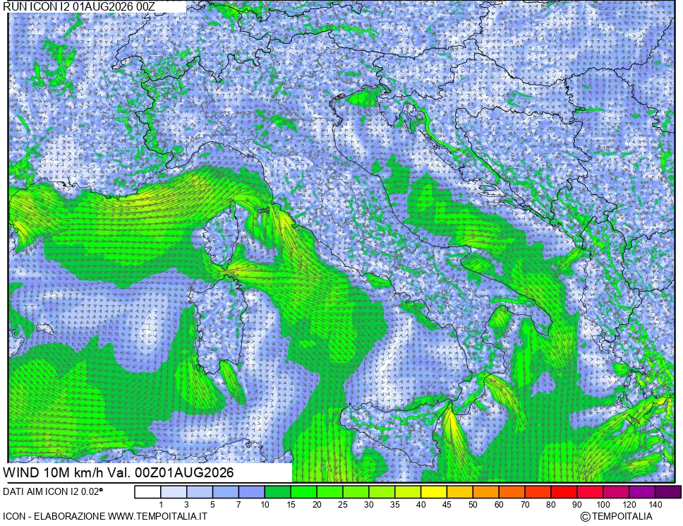 mappa 10 m Vento forza e direzione