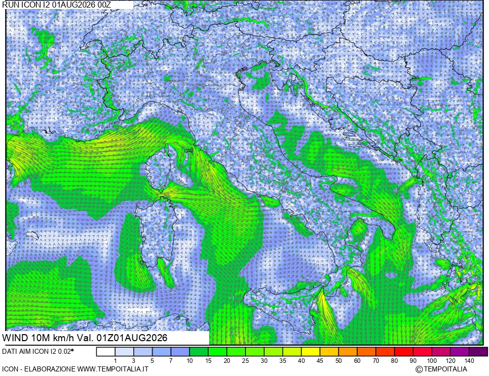 mappa 10 m Vento forza e direzione