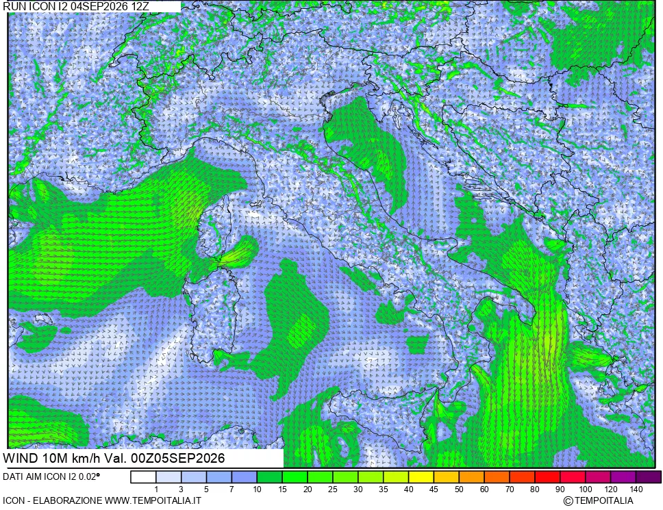 mappa 10 m Vento forza e direzione