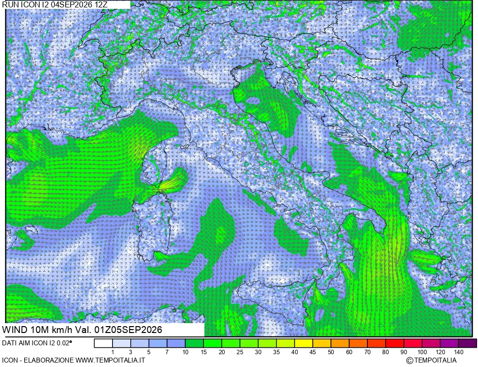 mappa 10 m Vento forza e direzione