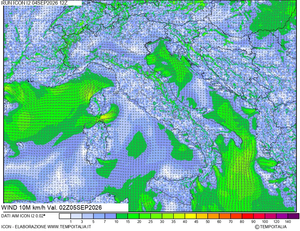 mappa 10 m Vento forza e direzione