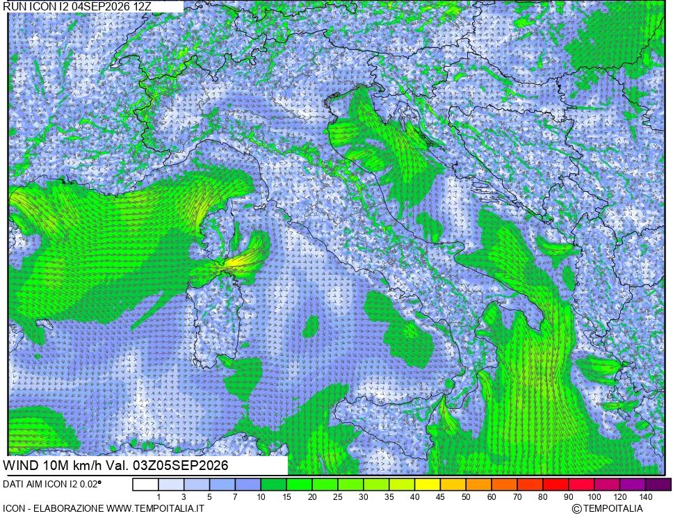 mappa 10 m Vento forza e direzione