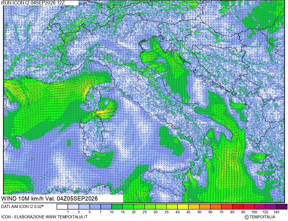 mappa 10 m Vento forza e direzione