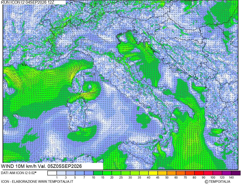 mappa 10 m Vento forza e direzione
