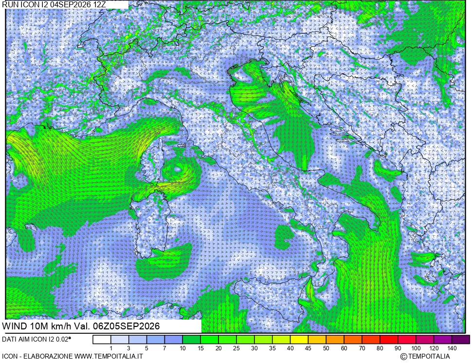 mappa 10 m Vento forza e direzione