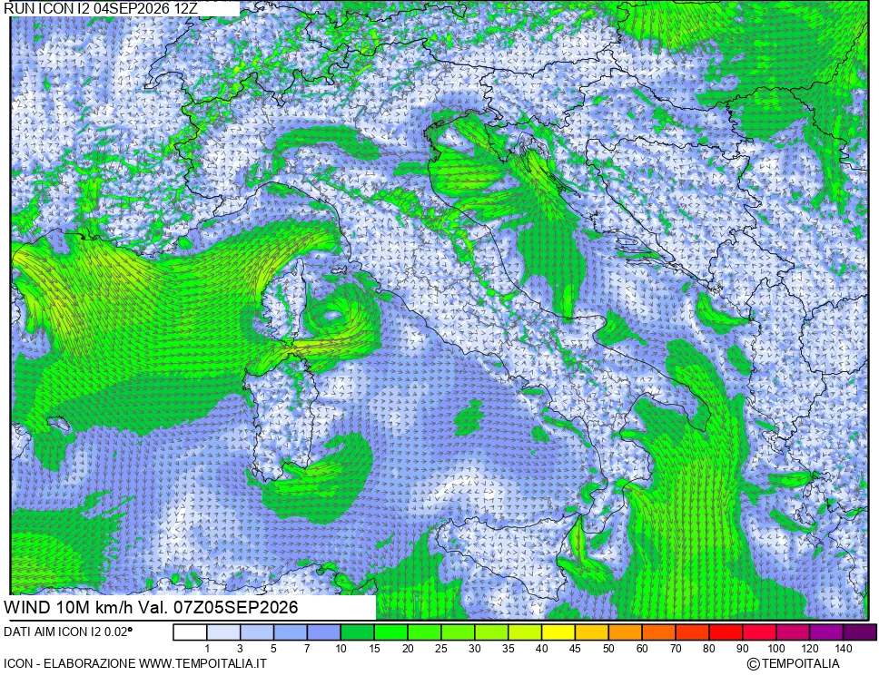 mappa 10 m Vento forza e direzione