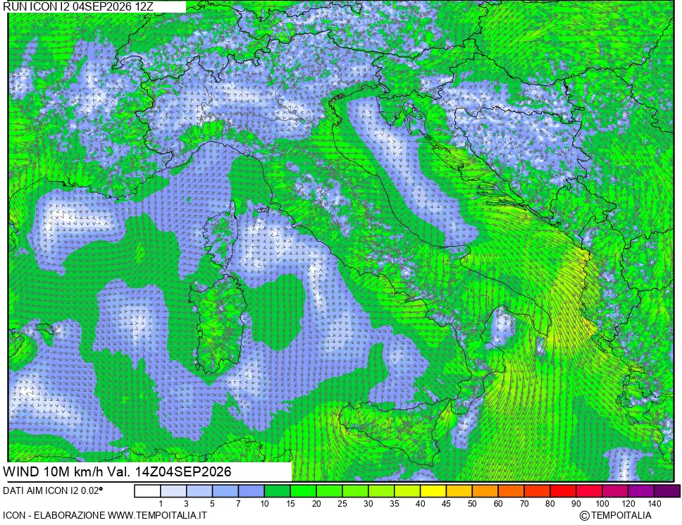 mappa 10 m Vento forza e direzione