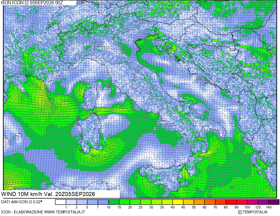 mappa 10 m Vento forza e direzione