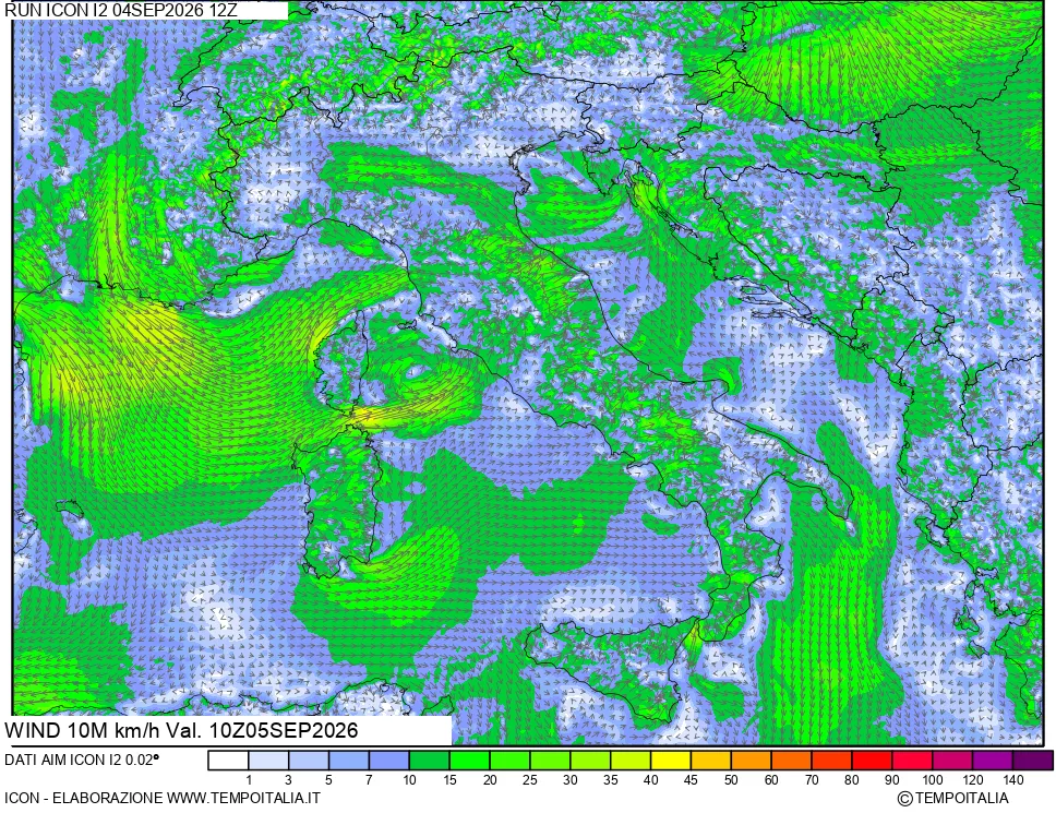 mappa 10 m Vento forza e direzione
