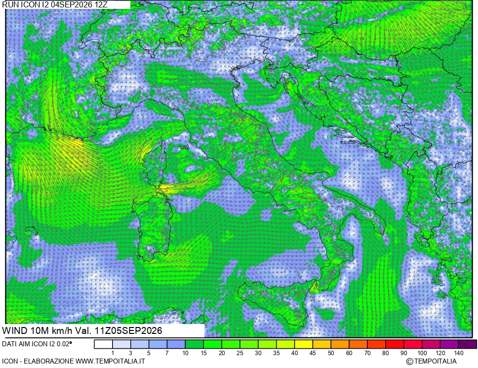 mappa 10 m Vento forza e direzione