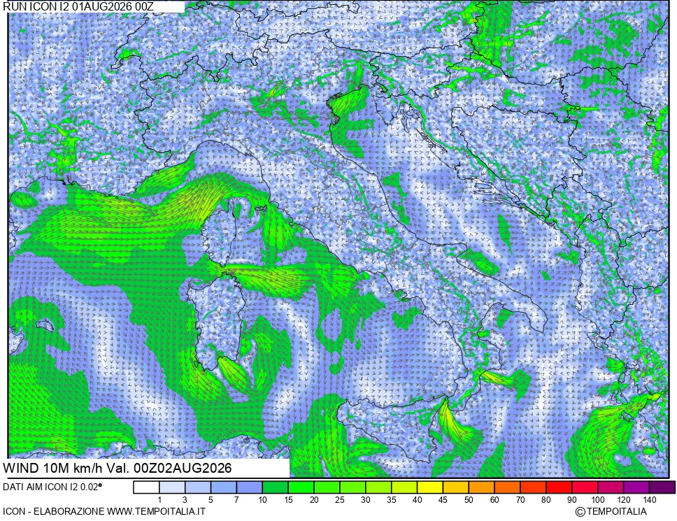 mappa 10 m Vento forza e direzione
