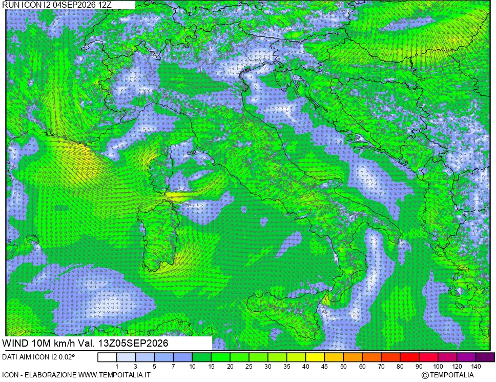 mappa 10 m Vento forza e direzione