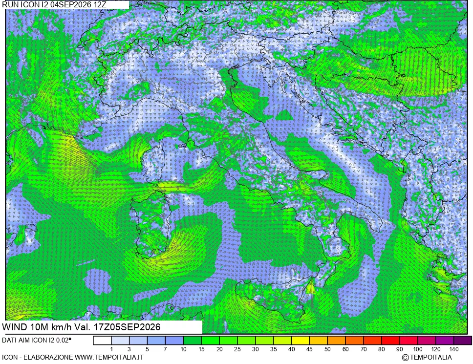 mappa 10 m Vento forza e direzione