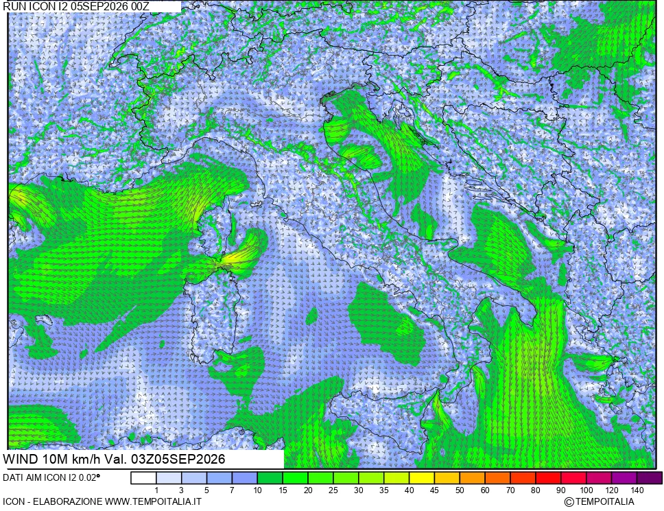 mappa 10 m Vento forza e direzione