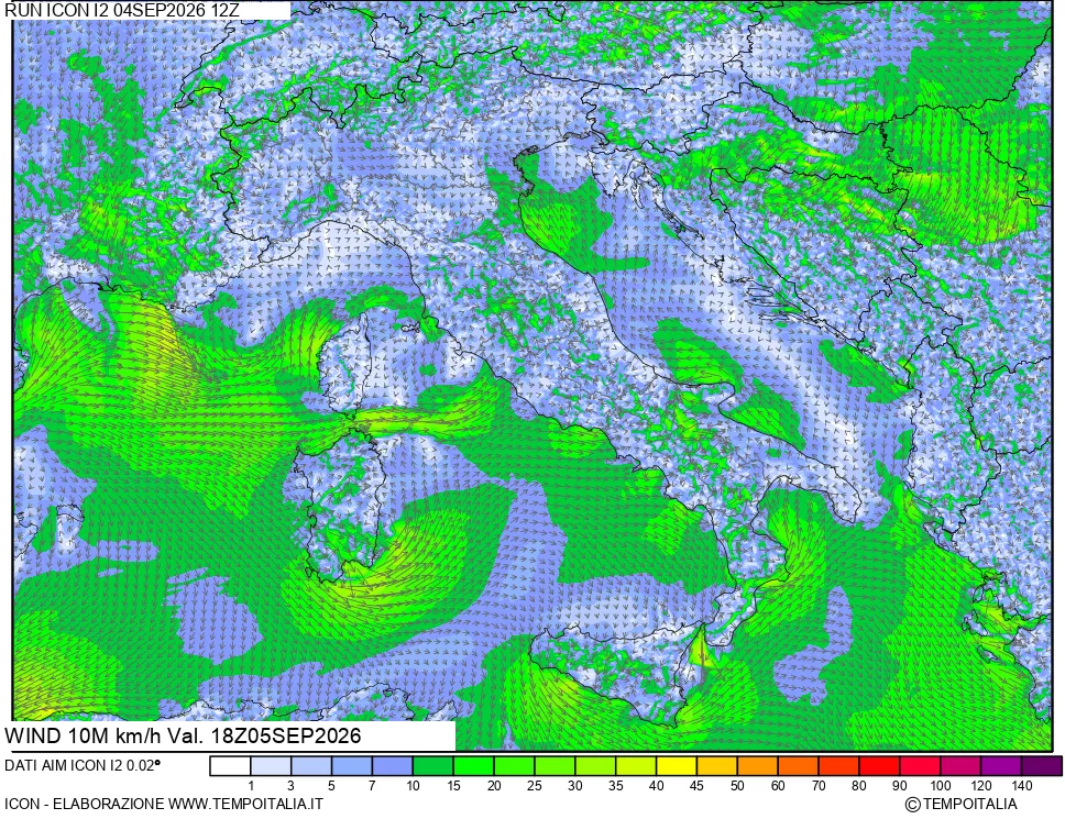 mappa 10 m Vento forza e direzione