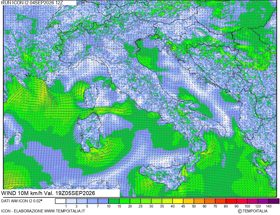mappa 10 m Vento forza e direzione