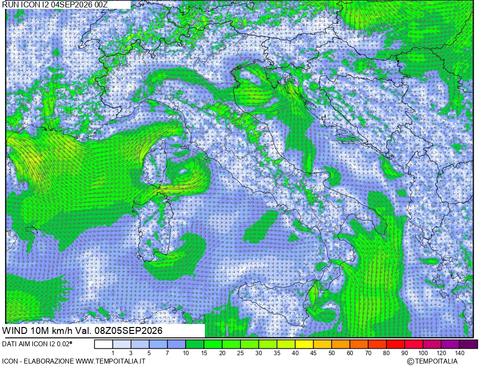 mappa 10 m Vento forza e direzione
