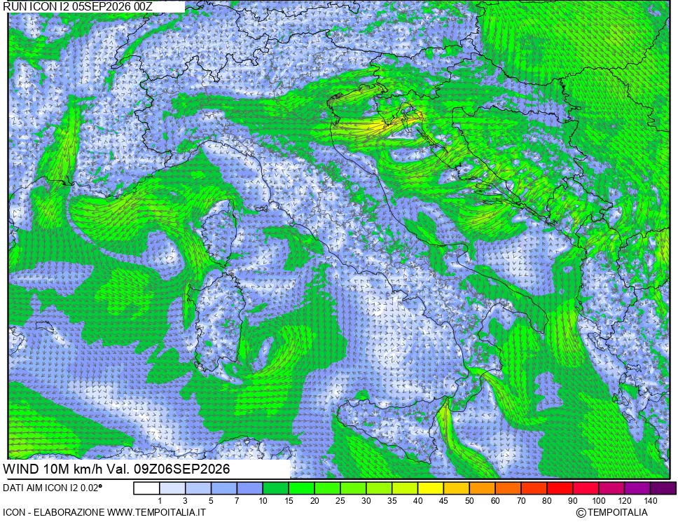 mappa 10 m Vento forza e direzione