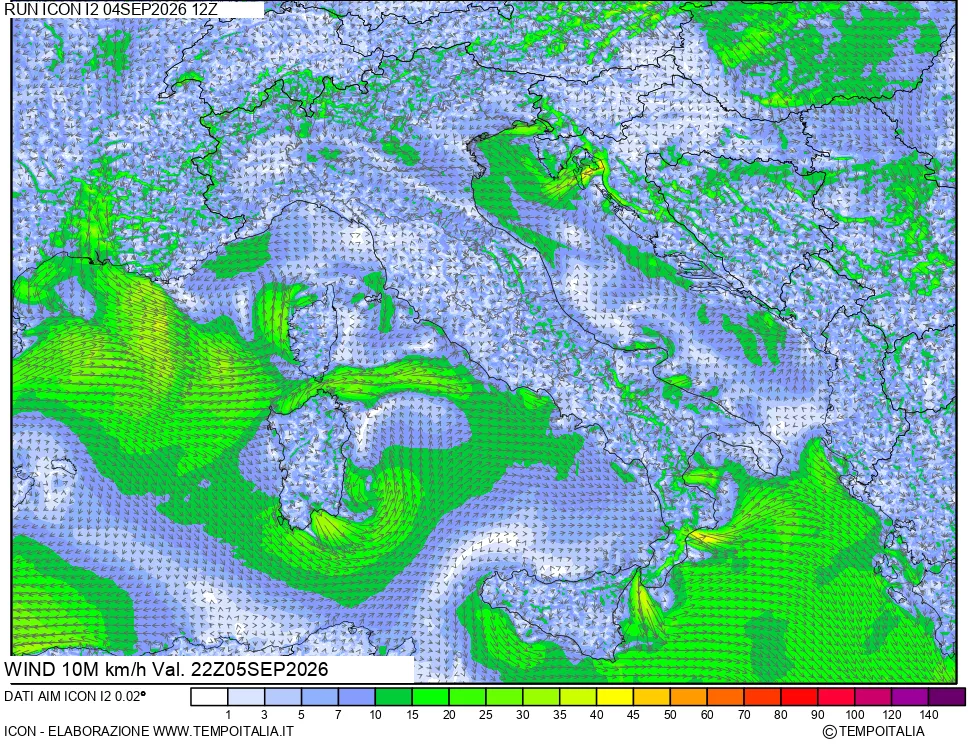 mappa 10 m Vento forza e direzione