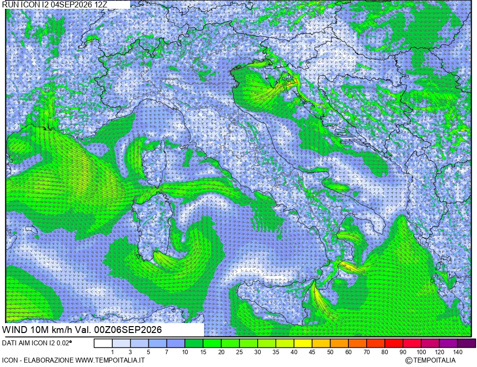 mappa 10 m Vento forza e direzione