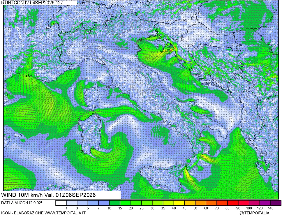 mappa 10 m Vento forza e direzione