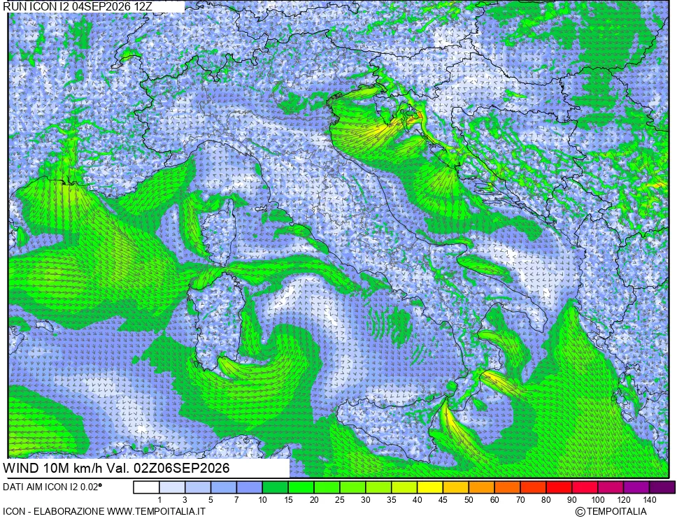 mappa 10 m Vento forza e direzione