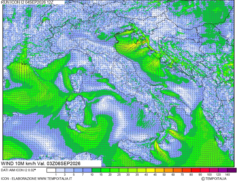 mappa 10 m Vento forza e direzione