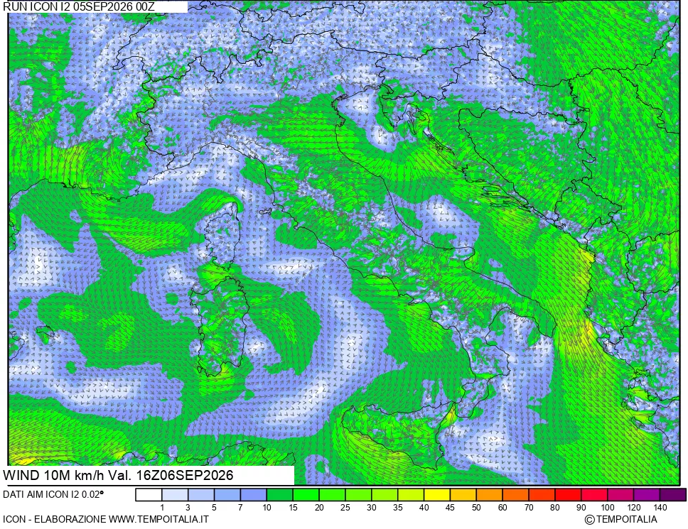 mappa 10 m Vento forza e direzione
