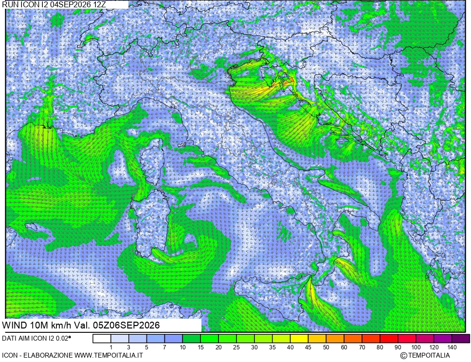 mappa 10 m Vento forza e direzione