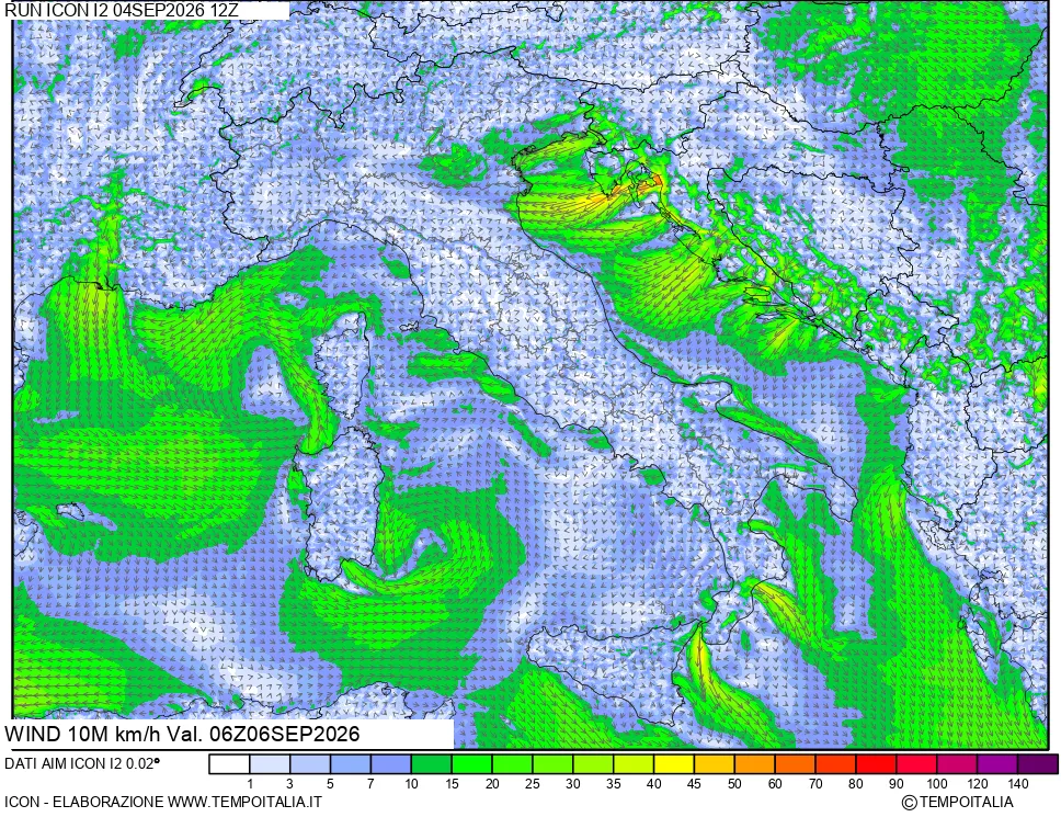 mappa 10 m Vento forza e direzione