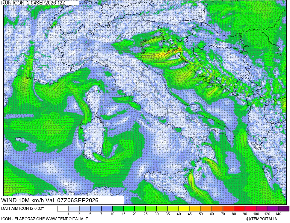 mappa 10 m Vento forza e direzione