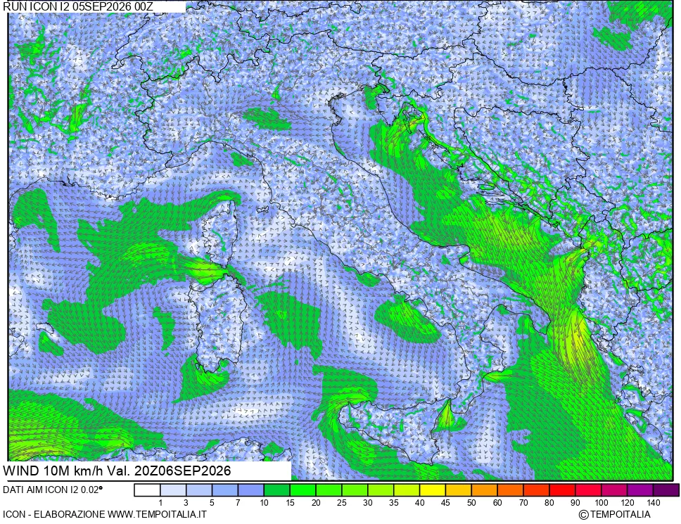 mappa 10 m Vento forza e direzione