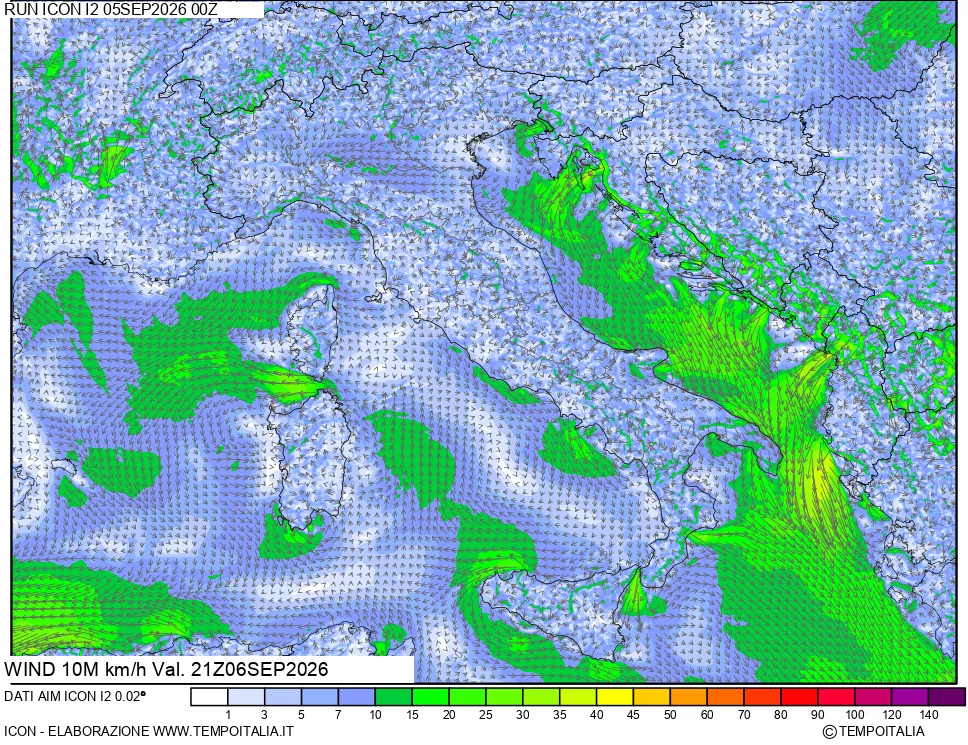 mappa 10 m Vento forza e direzione