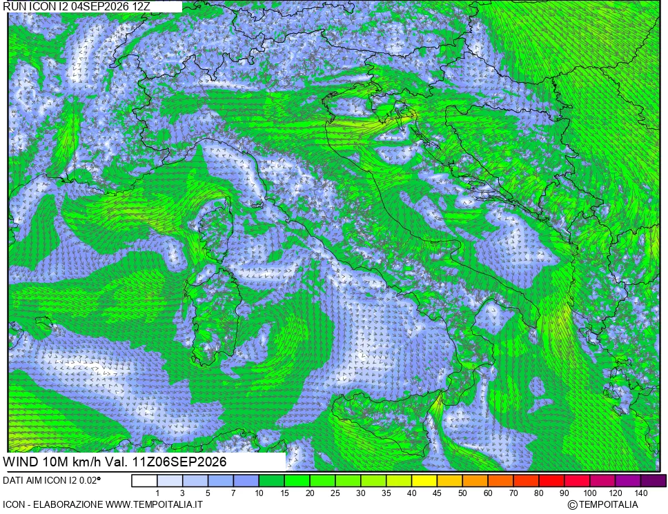 mappa 10 m Vento forza e direzione